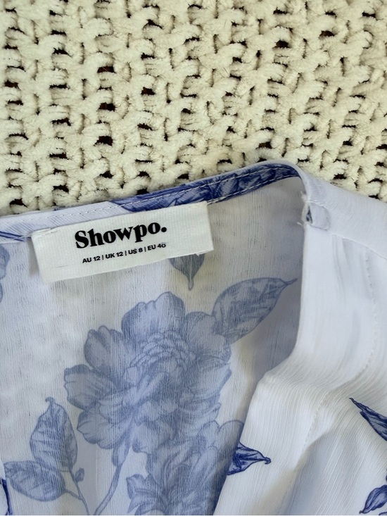 Showpo Blue and White Floral Mini Dress Spring Flowy A Line Wrap Tie Lined - Picture 6 of 11